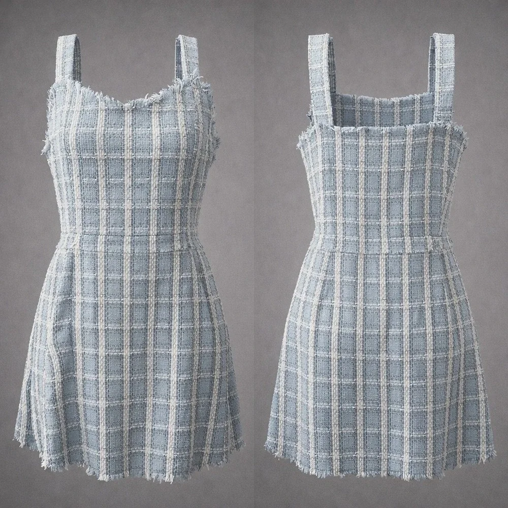 Umgee Blue Plaid Tweed Mini Dress Square Neck Frayed Raw Edge‎ Sleeveless Large